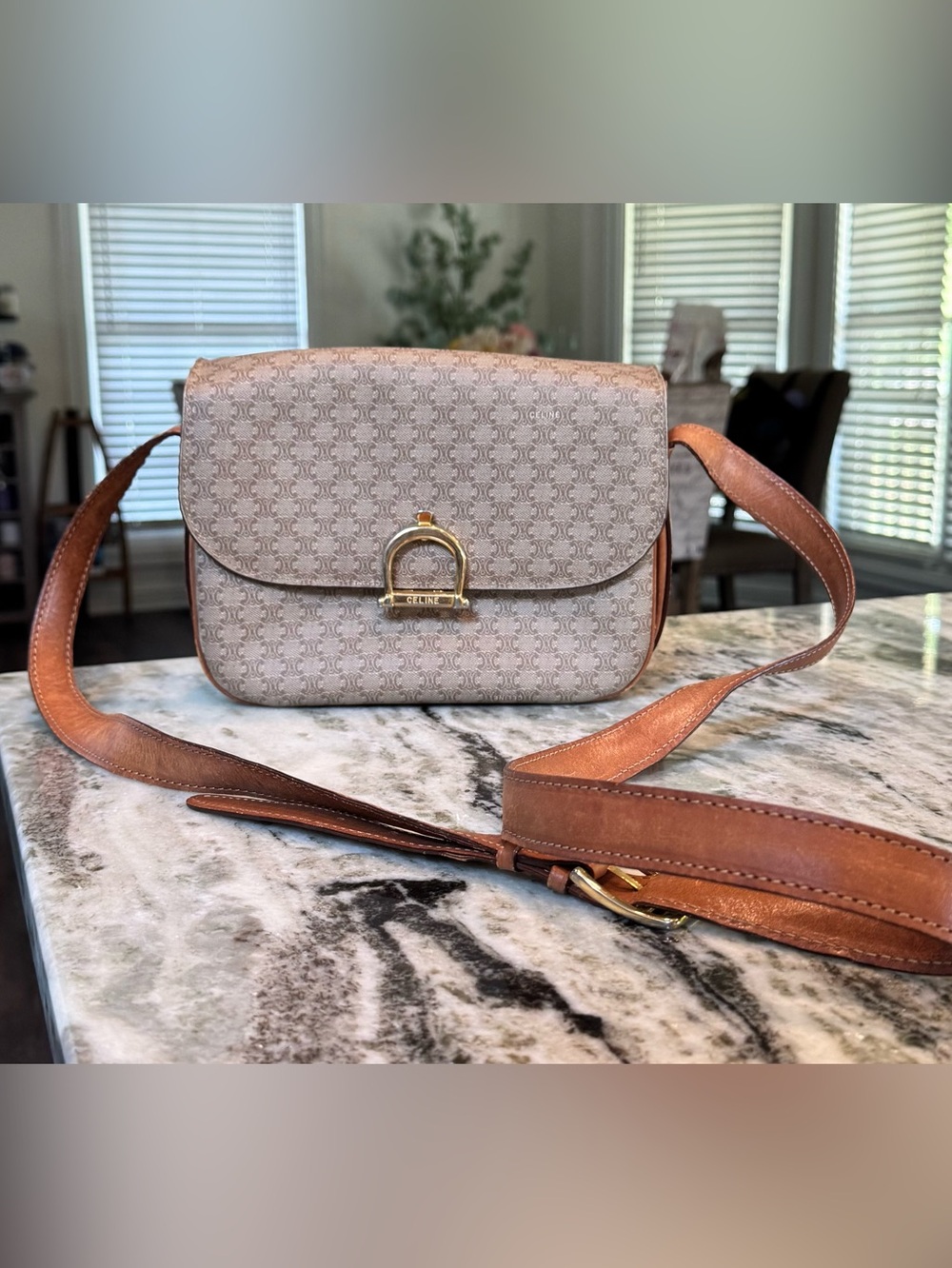 Celine Vintage Beige Macadam Canvas with Brown Leather Trim and Gold Hardware